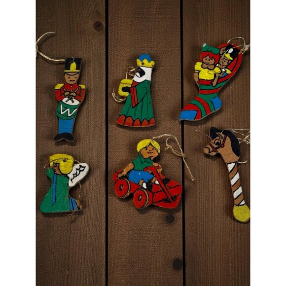 Vintage Hand-Painted Wooden Christmas Ornaments Set Of 10 Holiday Decor Angels S - Picture 2 of 5